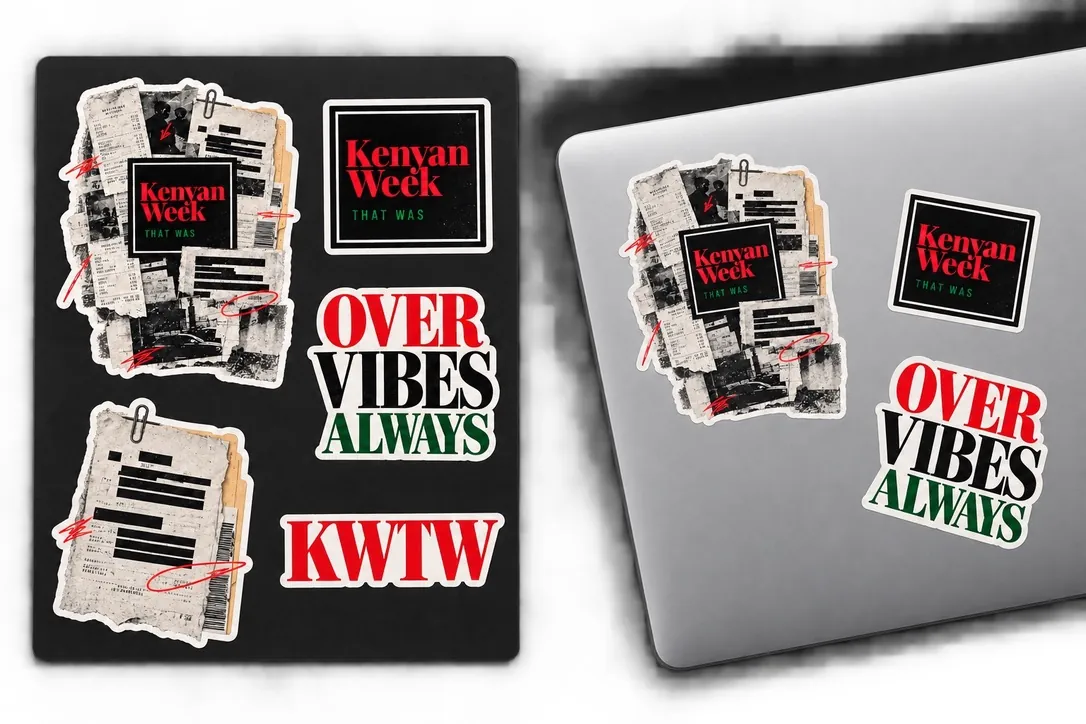 KWTW sticker set concept with collage, logo, redactions and slogan