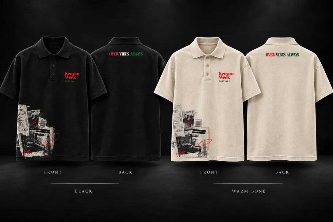 The editorial polo: Black and warm bone with chest branding, lower-front collage and upper-back lettering.