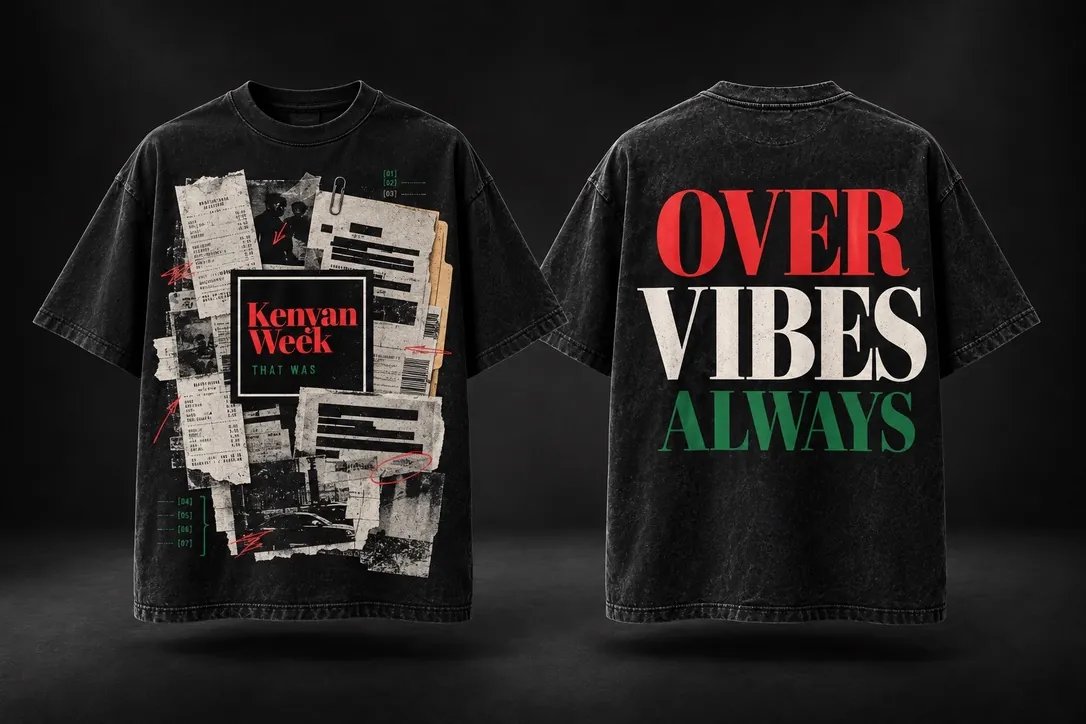 Founders Pack tee concept: washed-black KWTW receipt-collage tee front and back