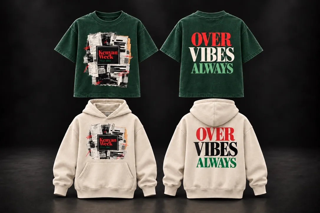 The junior collection: Forest-green tee and warm-bone hoodie with the KWTW collage.