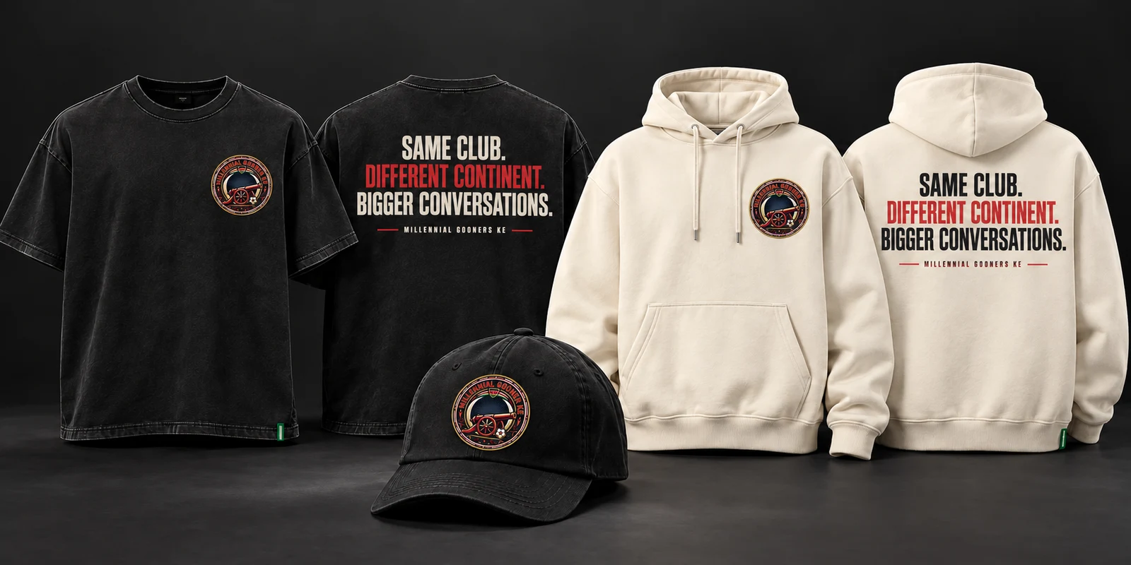 MGKE concept: washed-black tee front and back, cream hoodie front and back, and black embroidered cap