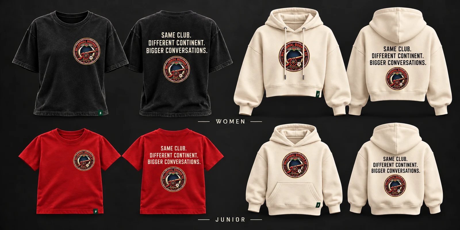 MGKE women’s and junior concepts, showing black and red tees and cream hoodies from the front and back
