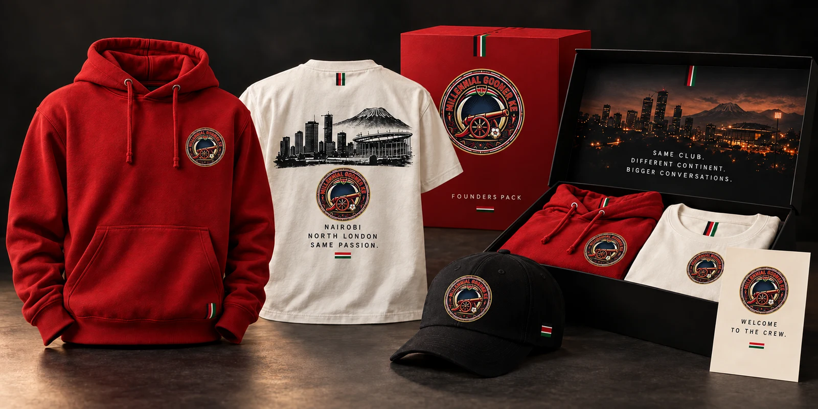 MGKE Founders Pack concept: red hoodie, cream skyline tee, black cap and presentation box