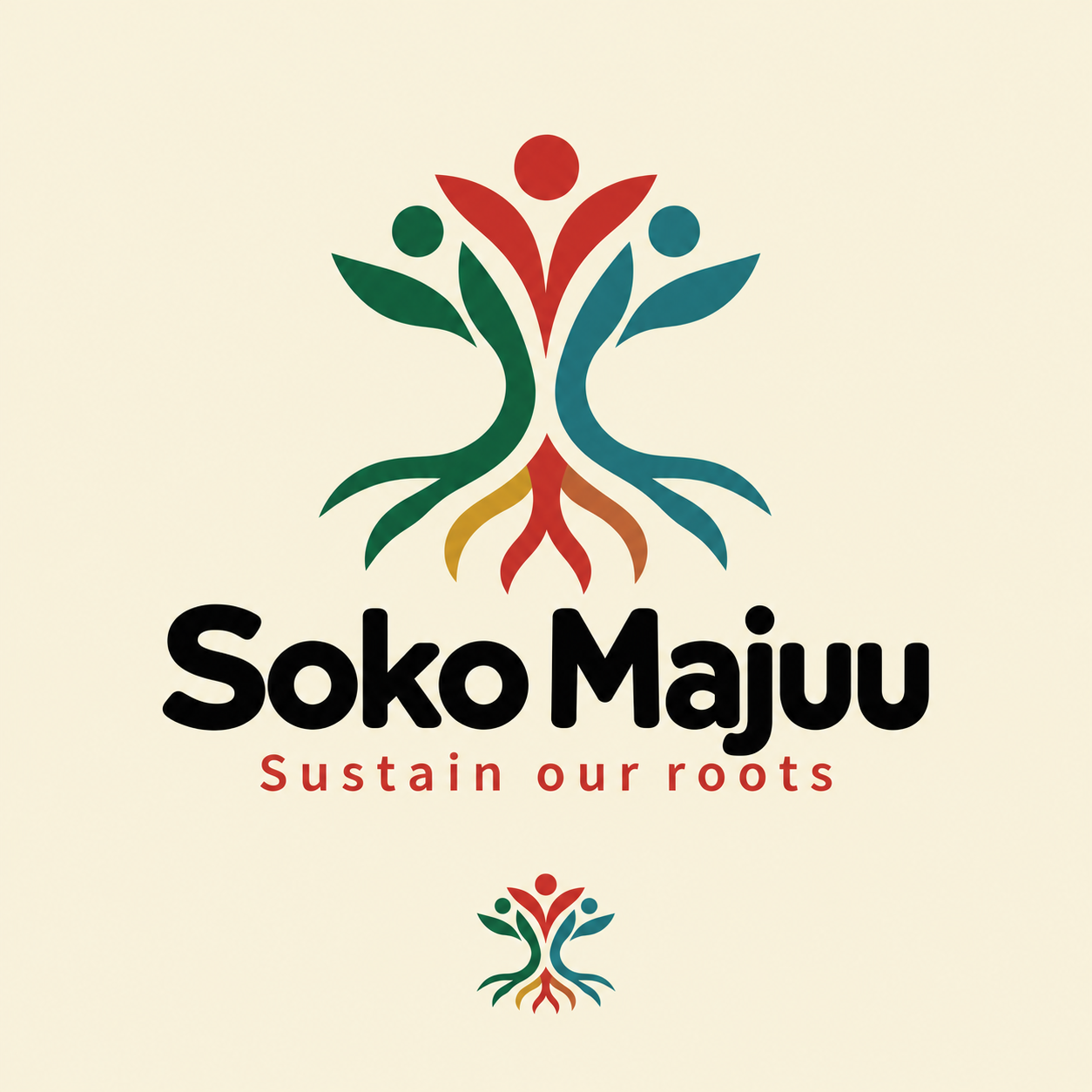 Soko Majuu — Sustain our roots. A tree formed by people with multicoloured branches and roots.